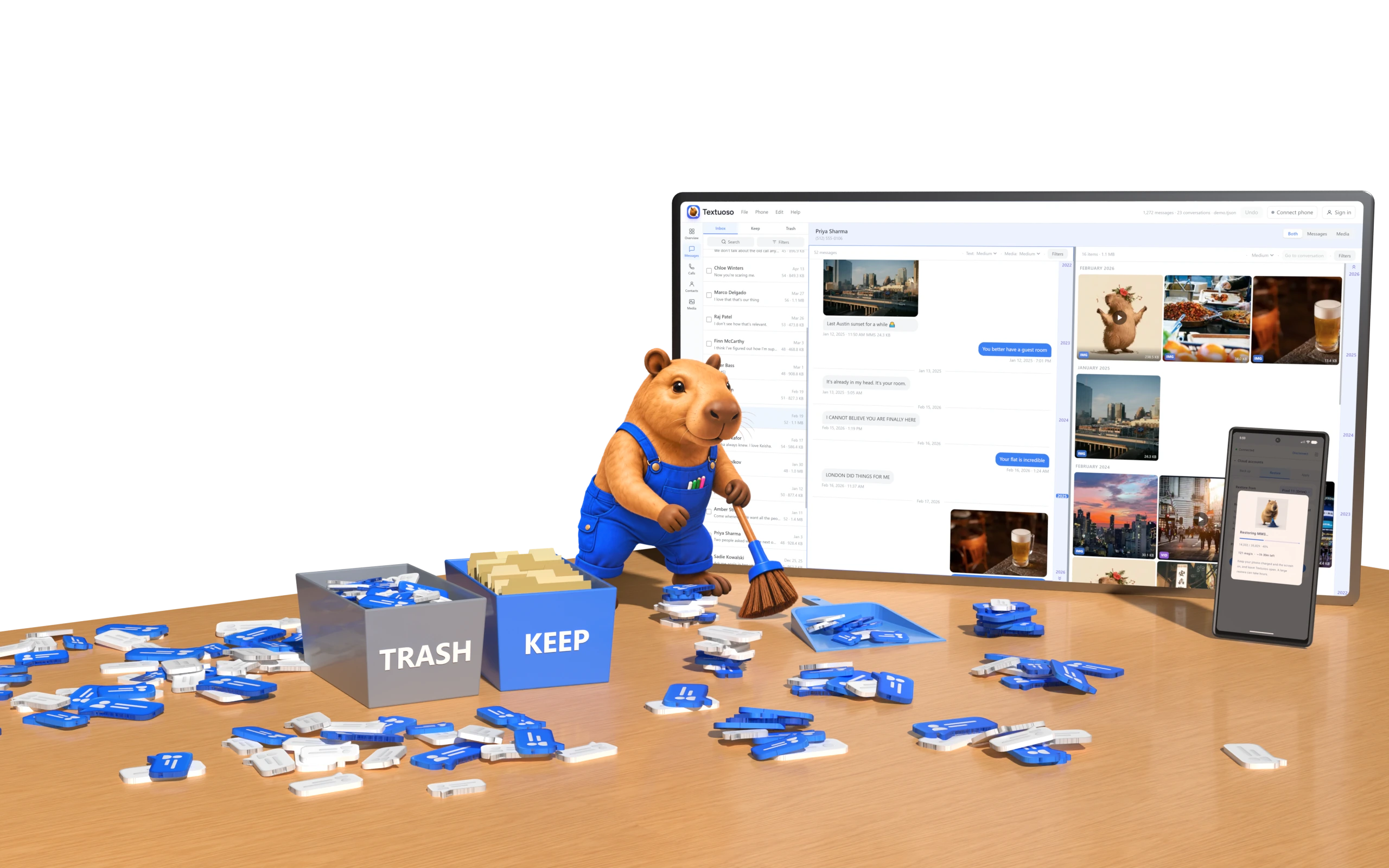 Textuoso — the capybara mascot sweeping message cards beside a monitor and phone on a desk