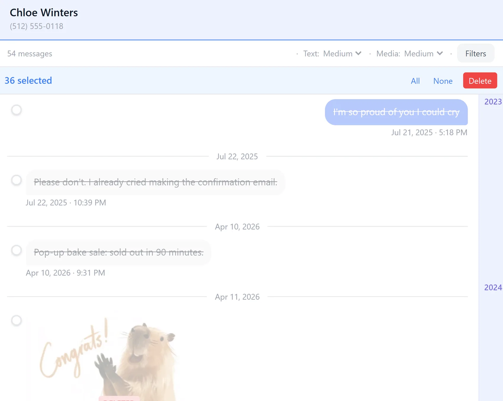 A conversation with several messages struck through, marked for deletion, and 36 selected