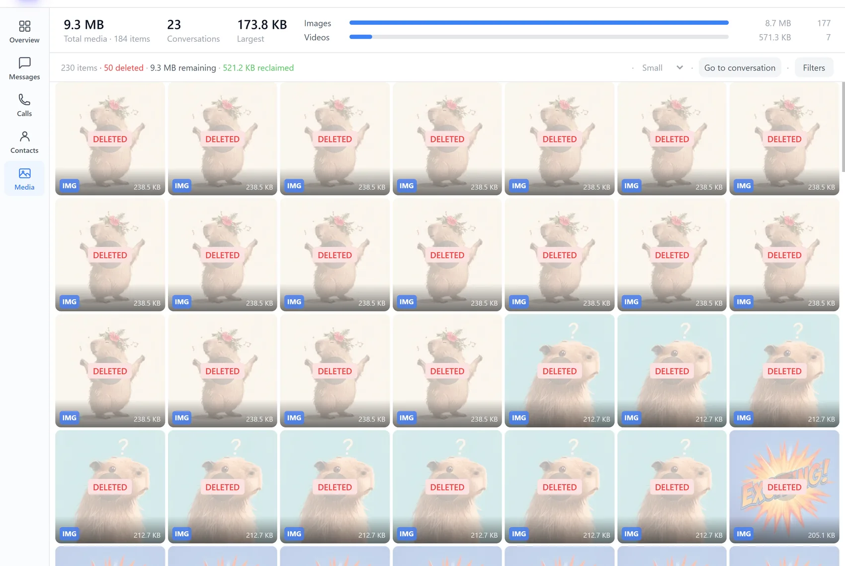 The media grid after removing duplicates: the same forwarded image marked DELETED again and again