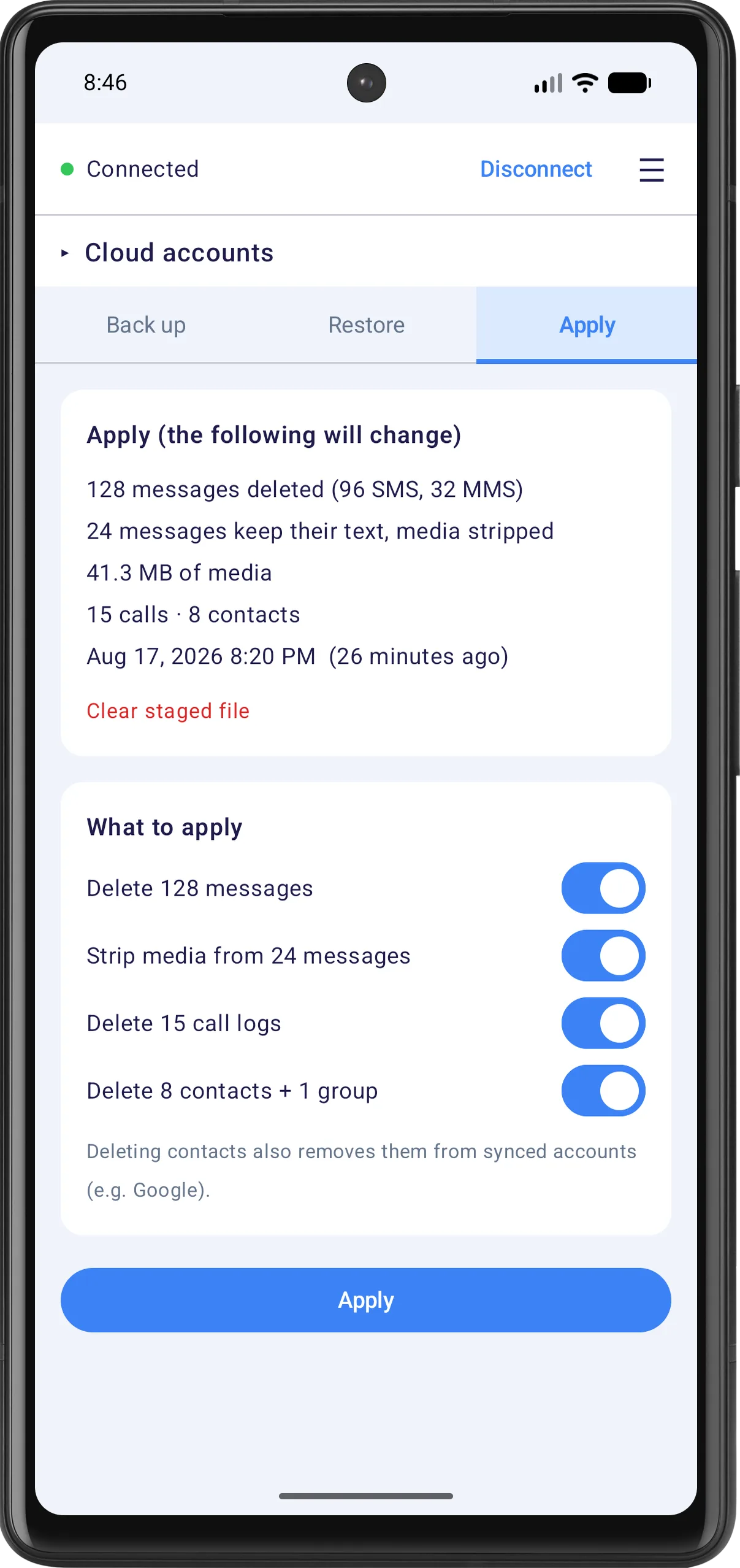 The Apply tab on the phone: a summary of pending deletions waiting to be applied