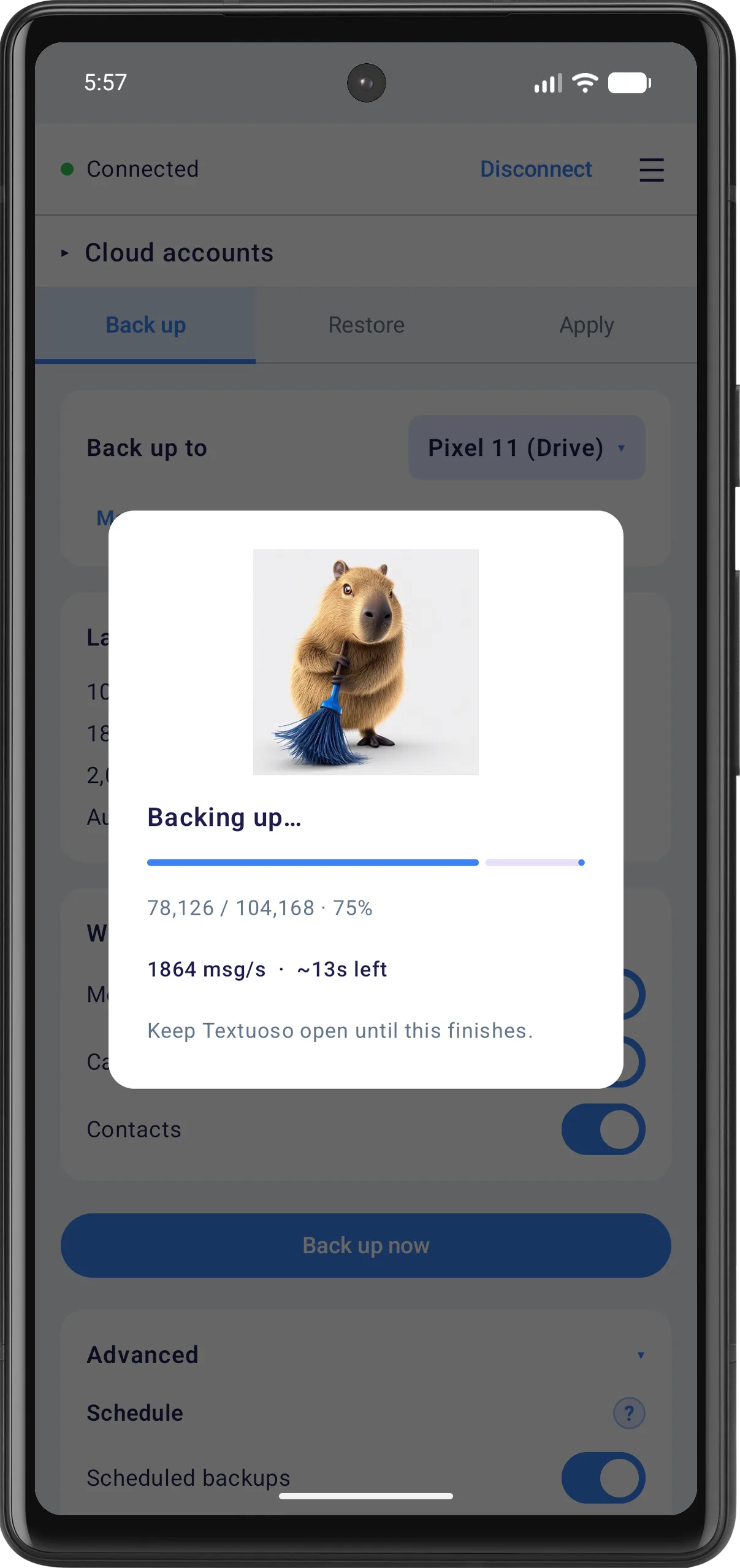 A backup running on the phone, counting messages and media as it goes