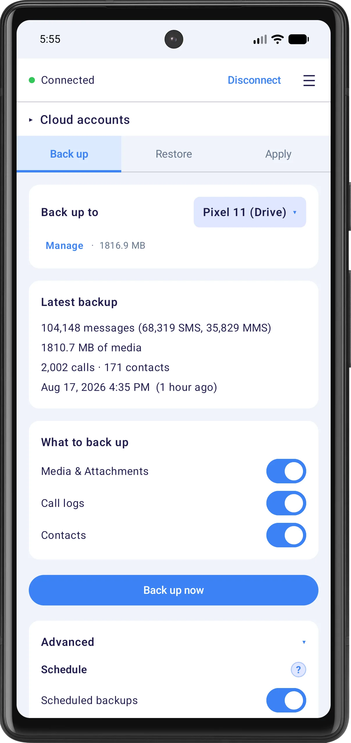 The backup screen: what is included, where it goes, and the schedule