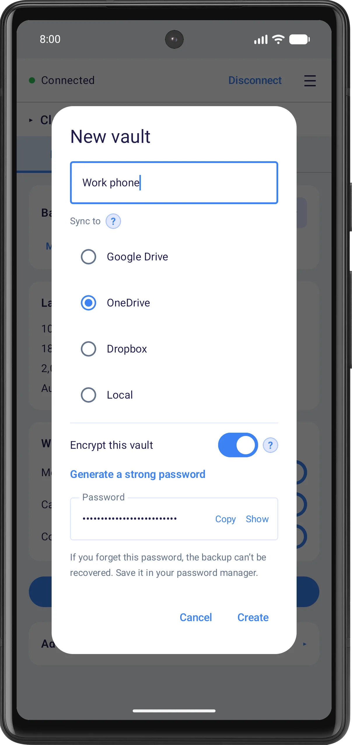 Creating a vault on the phone: naming it and choosing where the backup is kept