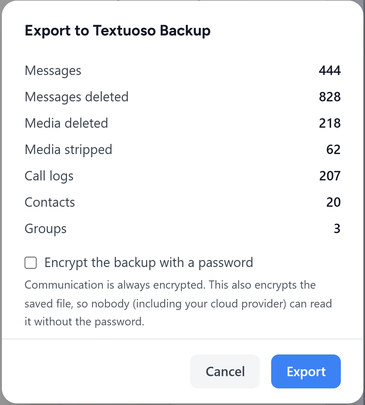 The export dialog: 444 messages kept, 828 deleted, 218 media deleted, 62 media stripped, and an option to encrypt the backup with a password