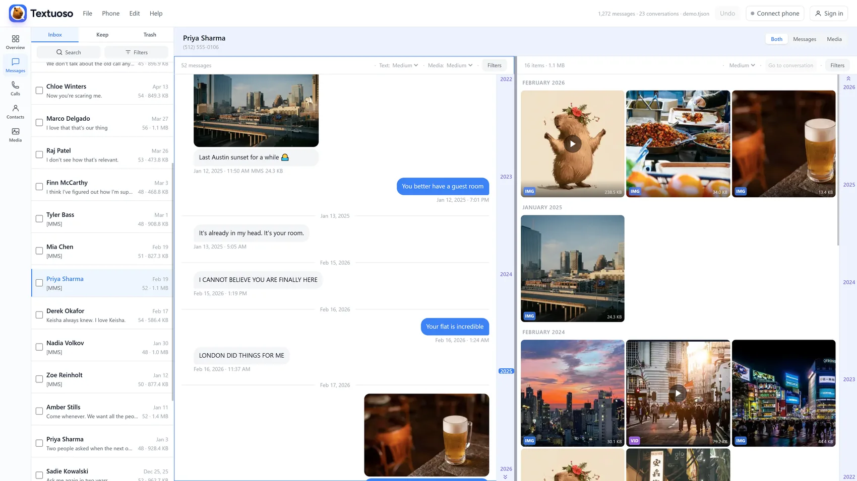 Messages and Media side by side: a conversation open, its photos in the pane beside it