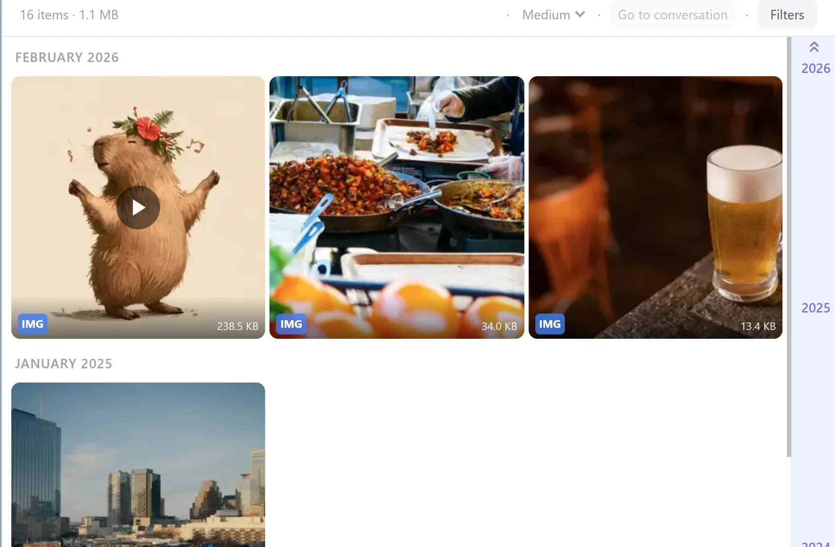 One conversation's attachments, grouped by month, photos and video together with their sizes