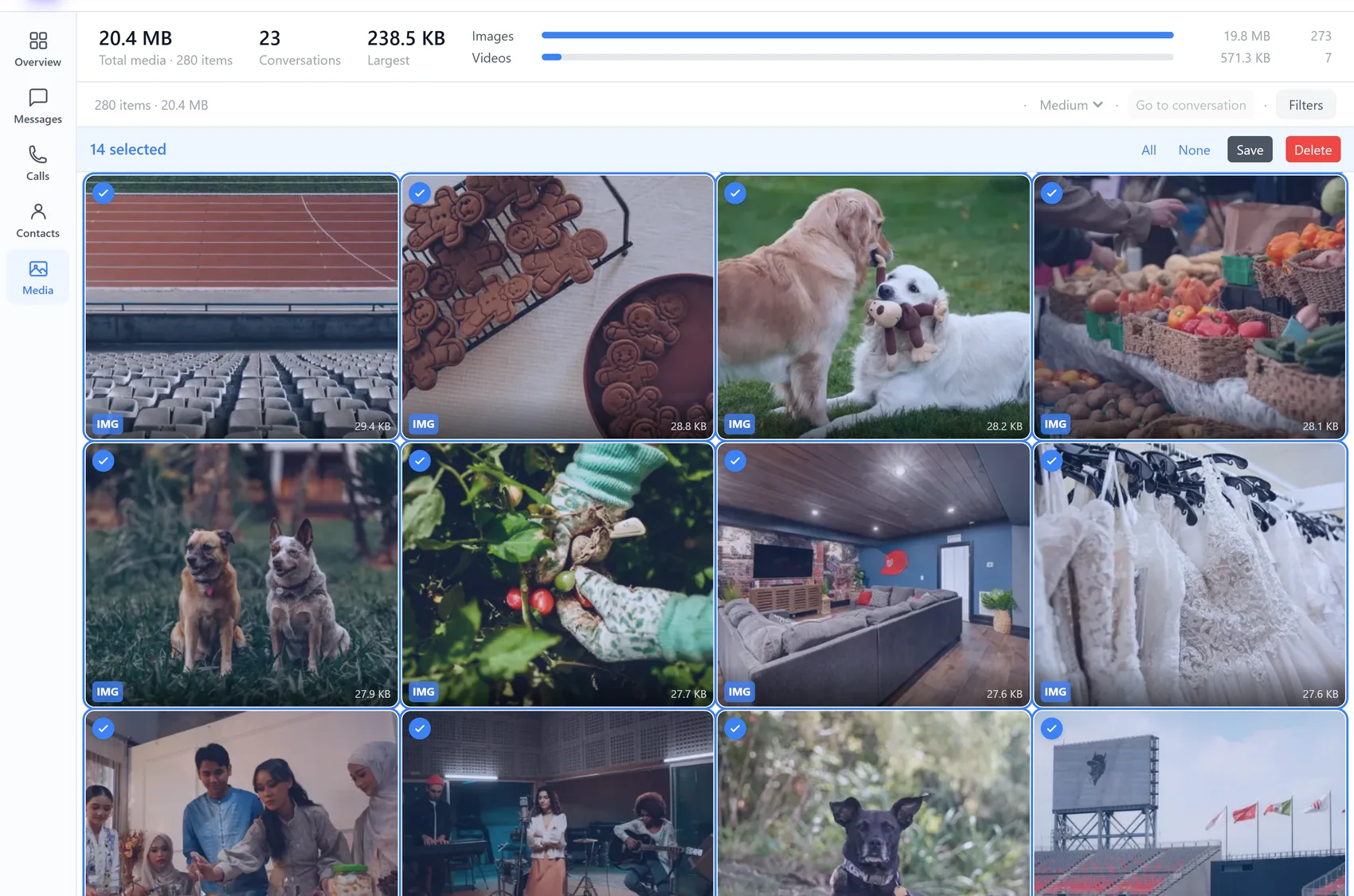 The Media view: every attachment across every conversation in one grid, with 14 selected and Save ready
