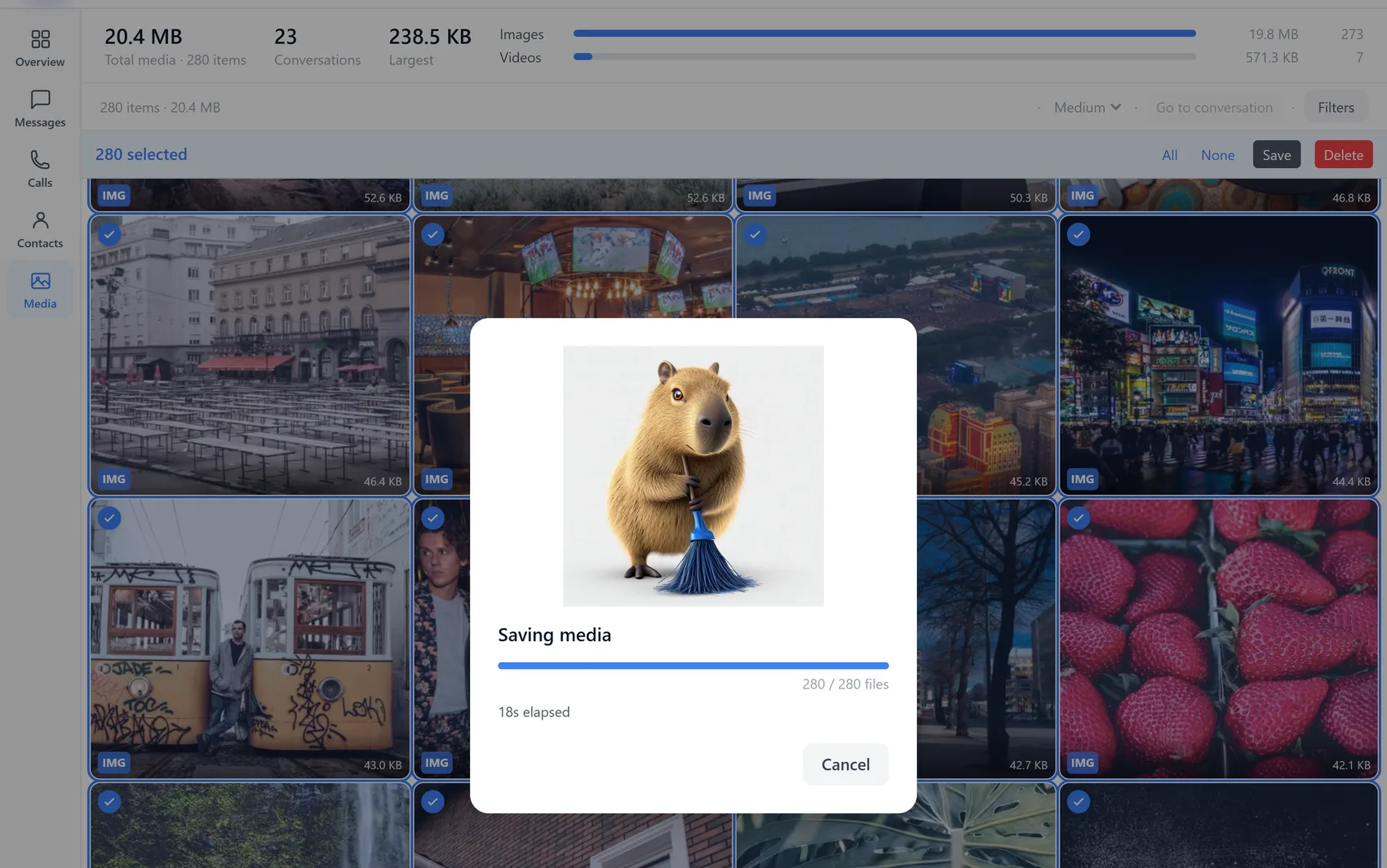 Saving 280 files at once: every tile selected, with a progress dialog counting them out