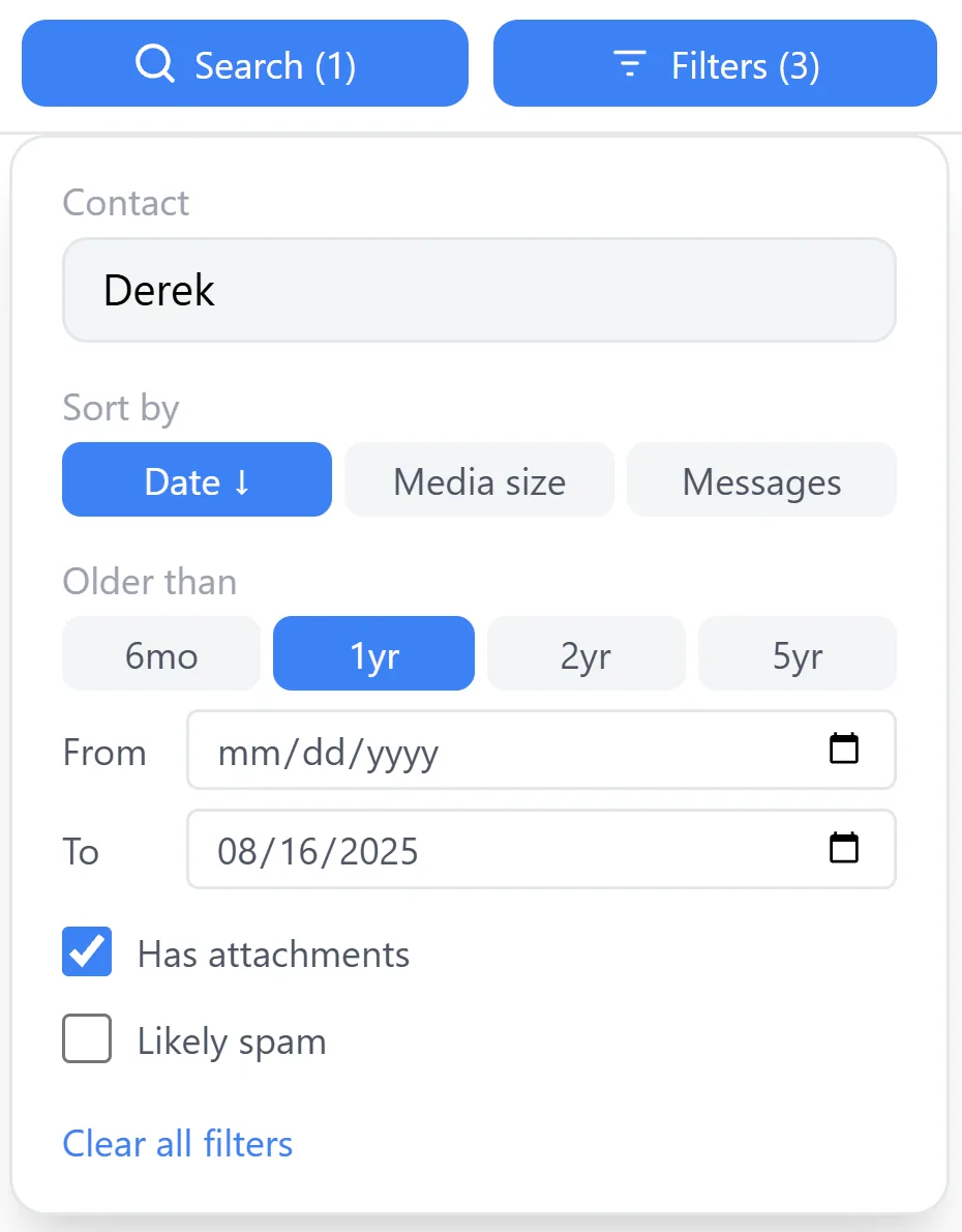The Search and Filters buttons, with the filter panel open: a contact, a sort order, an older-than cutoff, a date range, and attachments only