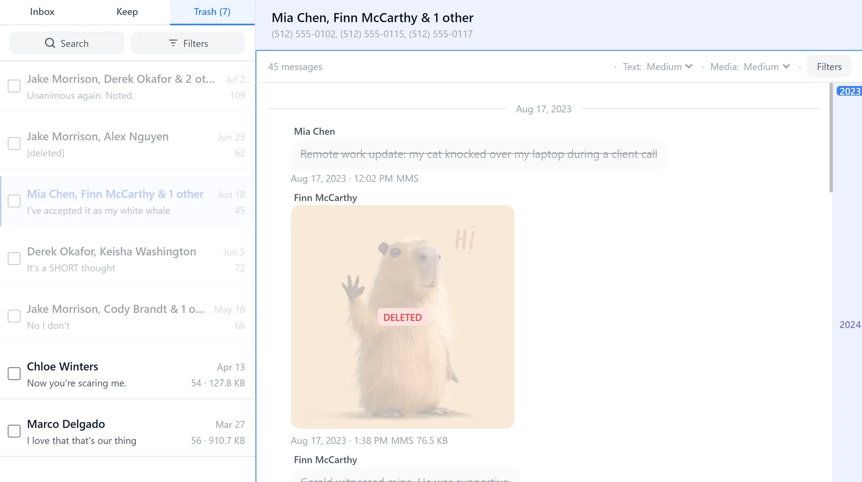 The Trash tab listing conversations flagged for deletion
